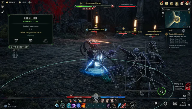 AION 2 crypt battle with fighters assaulting decomposed Karas enemies in a torch-lit underground hall