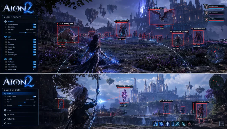 AION 2 fantasy landscape with a cheat overlay showcase of ESP frames and targeting reticles