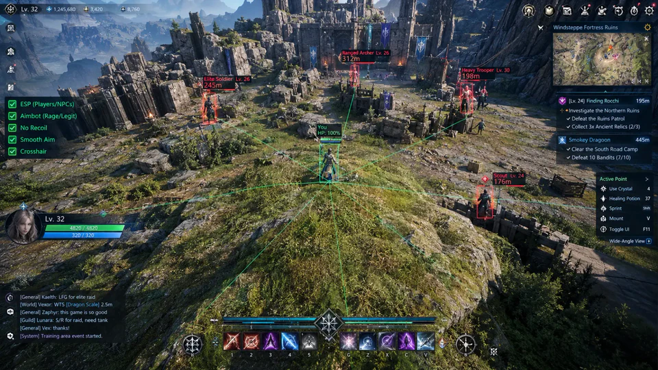 AION 2 fortress ruins battlefield with ESP boxes highlighting enemies through crumbling stone walls