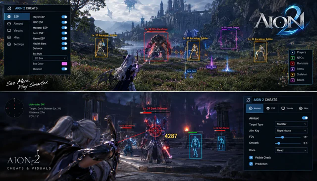 AION 2 neon-lit battlefield showcase with bright ESP outlines marking players across the field