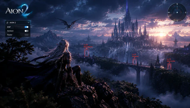 AION 2 citadel at twilight with HUD overlays, character frames, and skyline battlements