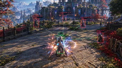 AION 2 fantasy arena fight with combat overlay markers on armored fighters in a circular pit