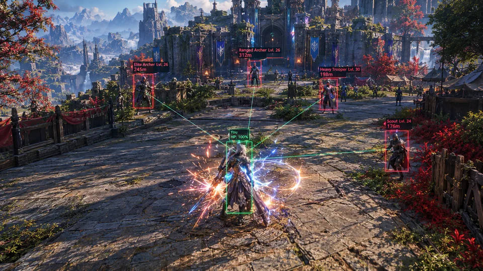 AION 2 fantasy arena fight with combat overlay markers on armored fighters in a circular pit