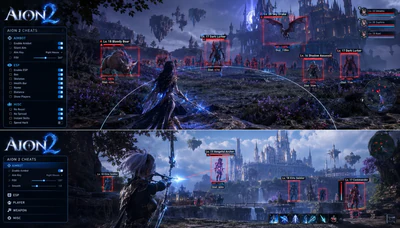 AION 2 fantasy landscape with a cheat overlay showcase of ESP frames and targeting reticles